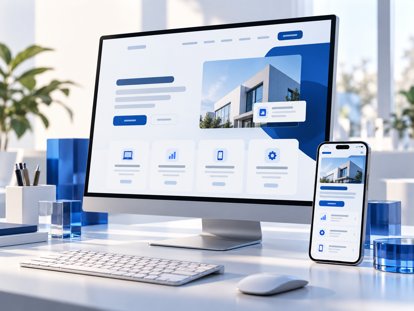 Web sitesi ve mobil uygulama ekranlarını gösteren insansız teknoloji görseli